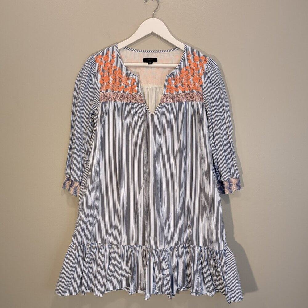 J Crew Shift Dress Ruffle Hem Embroidery Cotton Classic Preppy Style - Size XS